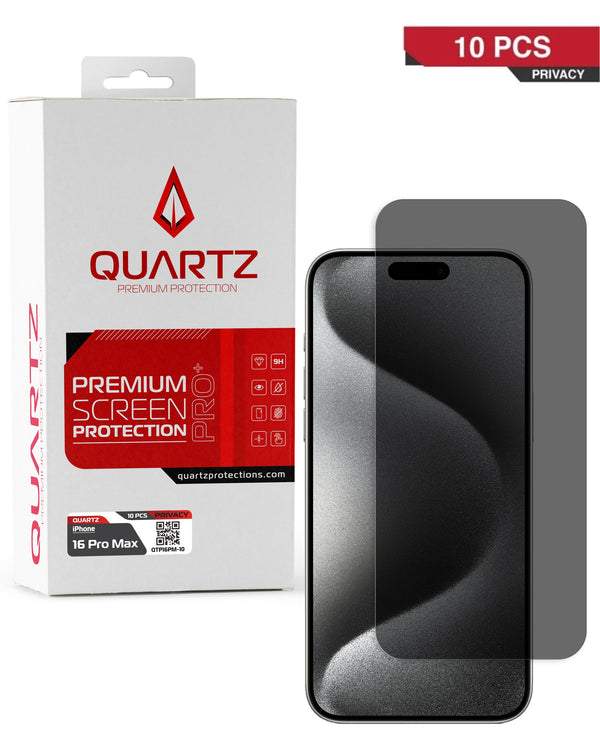 Protégete con el pack de 10 vidrios templados de privacidad QUARTZ para iPhone 16 Pro Max en Guatemala.