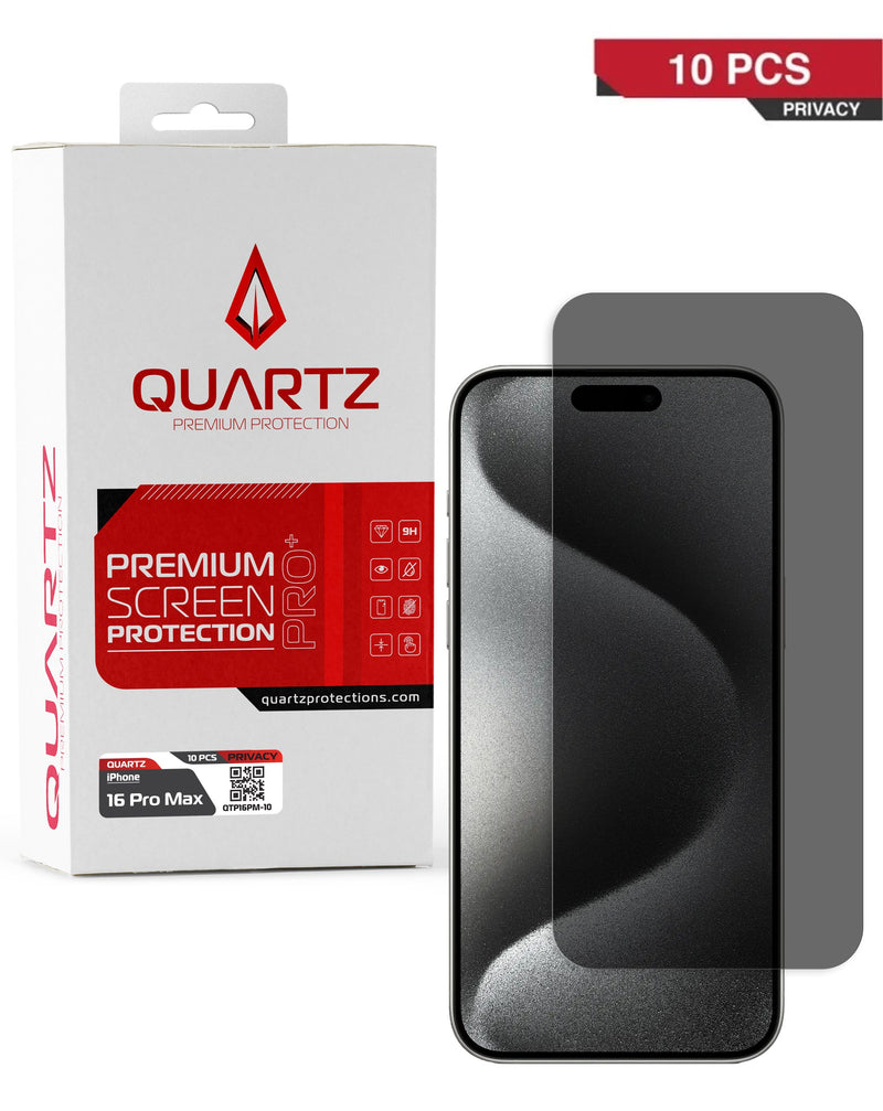 Protégete con el pack de 10 vidrios templados de privacidad QUARTZ para iPhone 16 Pro Max en Guatemala.
