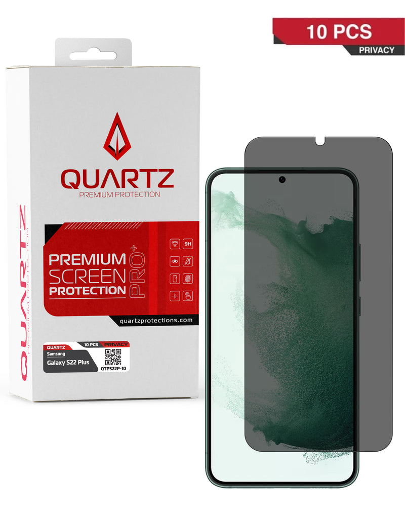 Protector de vidrio templado de privacidad QUARTZ para Galaxy S22 Plus, pack de 10 unidades, disponible en Guatemala para mayoristas y talleres de reparación.