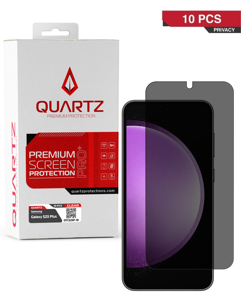 Vidrio templado privacy QUARTZ Galaxy S23 Plus: Paquete de 10 protectores de pantalla con tecnología privada para tu Samsung en Guatemala.