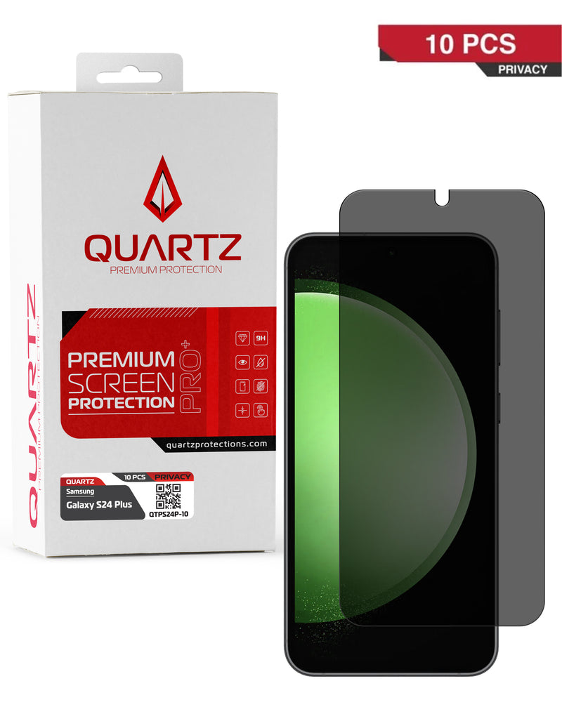 Vidrio templado de privacidad QUARTZ para Galaxy S24 Plus y S25 Plus en Guatemala, pack de 10 unidades, disponible en mayoristas de accesorios para celulares.