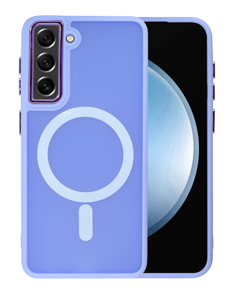 Protector magnético de carga inalámbrica para Samsung Galaxy S21 en color morado, ideal para encontrar en Guatemala en tiendas de accesorios móviles.