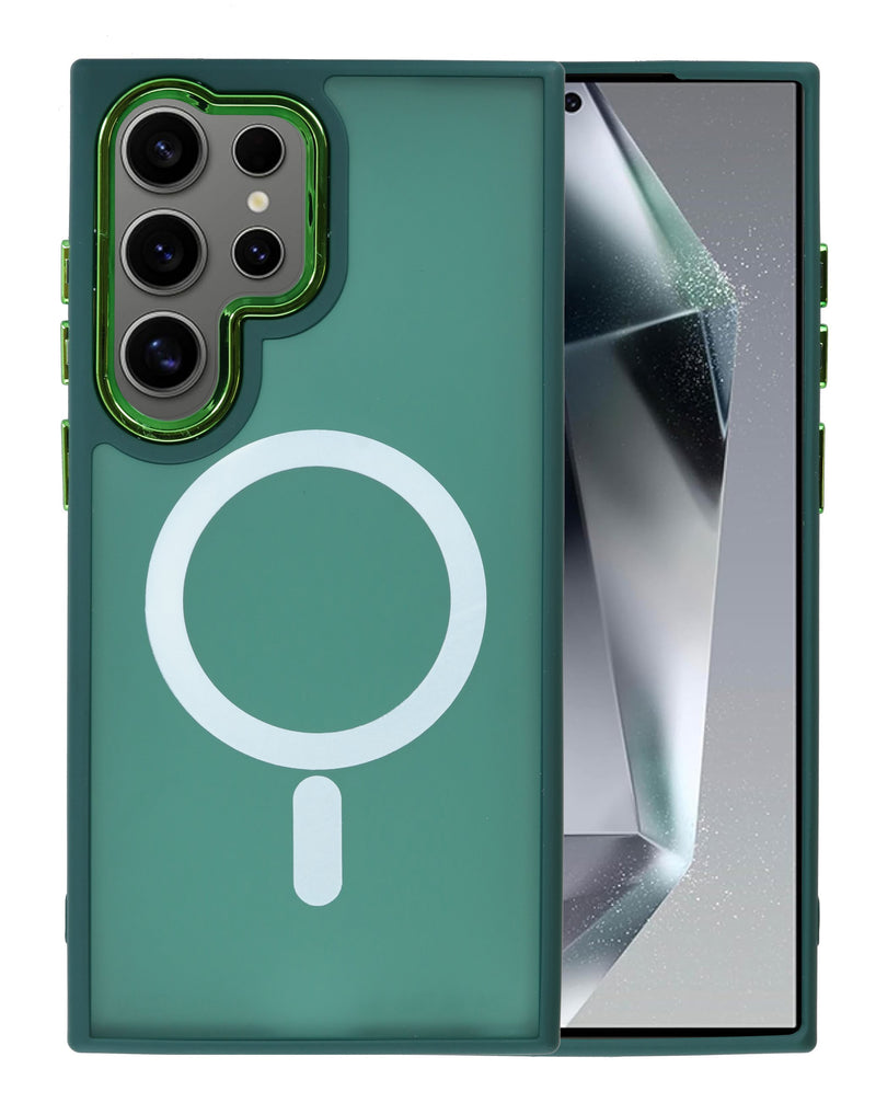 Compra el mejor case de carga magnética inalámbrico para Samsung Galaxy S21 Ultra en Guatemala con SlowBack en color verde oscuro.