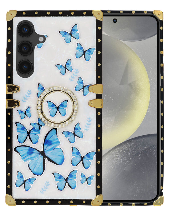 Estuche diseno butterfly cuadrado con anillo Samsung Galaxy S24FE - Azul