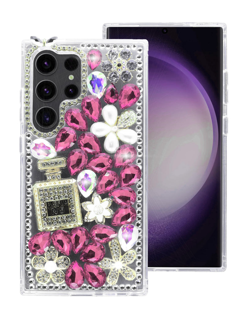 Estuche duro de silicona color oro rosa con diseño de flor de cristal para Galaxy S24 Ultra en Guatemala.
