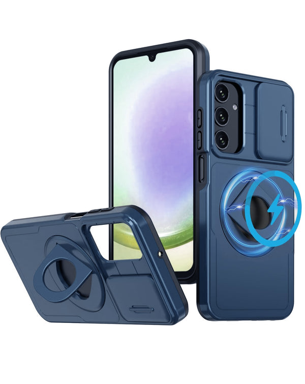 Encuentra en Guatemala este case azul con soporte de anillo y cubre lente para Galaxy S25 de SlowBack.