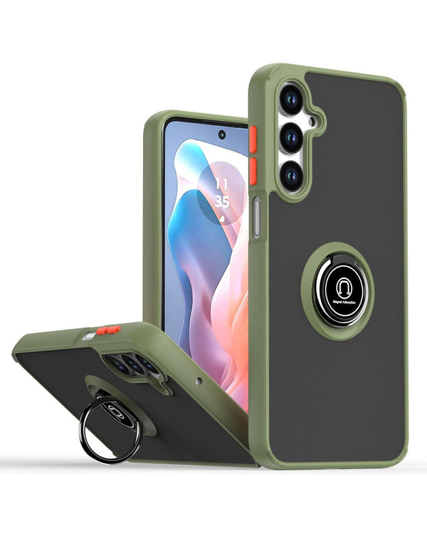 Encuentra la mejor funda trasera para tu Galaxy S25 FE en Guatemala con borde colorido y portador de anillo en Navy Green en SlowBack, especialistas en reparaciones de fundas de teléfono.