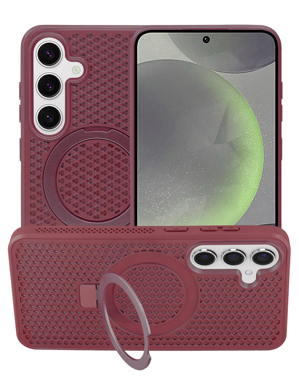 Protector con disipación térmica y soporte en color rojo vino para Samsung Galaxy S25 Plus en Guatemala, disponible en SlowBack.