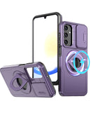Encuentra la funda con anillo y tapa deslizable para Galaxy S25 Plus en Guatemala, disponible en color morado y con etiqueta SlowBack.