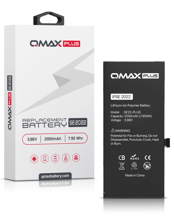 Venta al por mayor de baterías QMAX Plus de 2050 mAh para iPhone SE 2022 en Guatemala, ideales para reparaciones en talleres especializados.