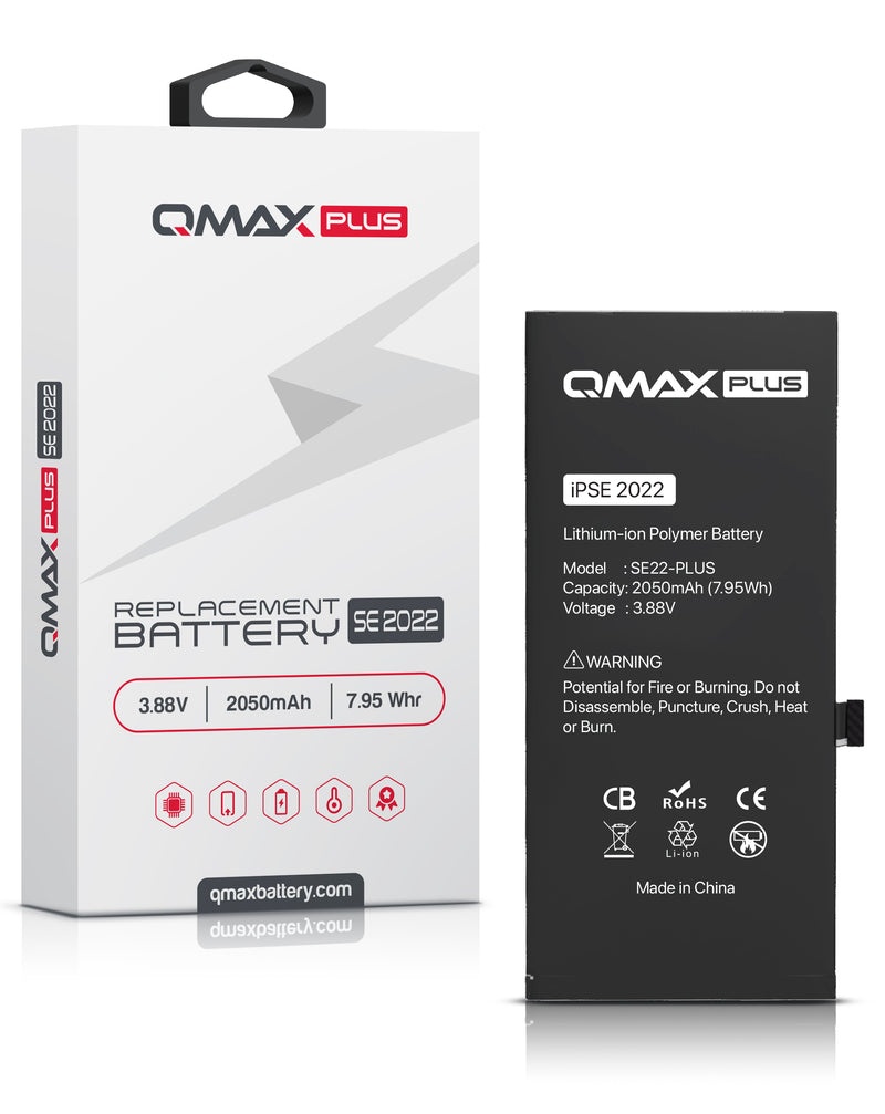 Venta al por mayor de baterías QMAX Plus de 2050 mAh para iPhone SE 2022 en Guatemala, ideales para reparaciones en talleres especializados.