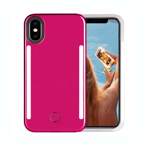 Encuentra la Funda selfie LED con luces al frente y atrás en color rosa para iPhone XR en Guatemala.