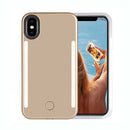 Encuentra la mejor Funda Selfie LED para iPhone XR en Guatemala, disponibles en color dorado con iluminación frontal y trasera.