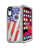 Funda protectora heavy duty para iPhone XR con diseño de bandera de Estados Unidos, resistente a golpes y caídas.