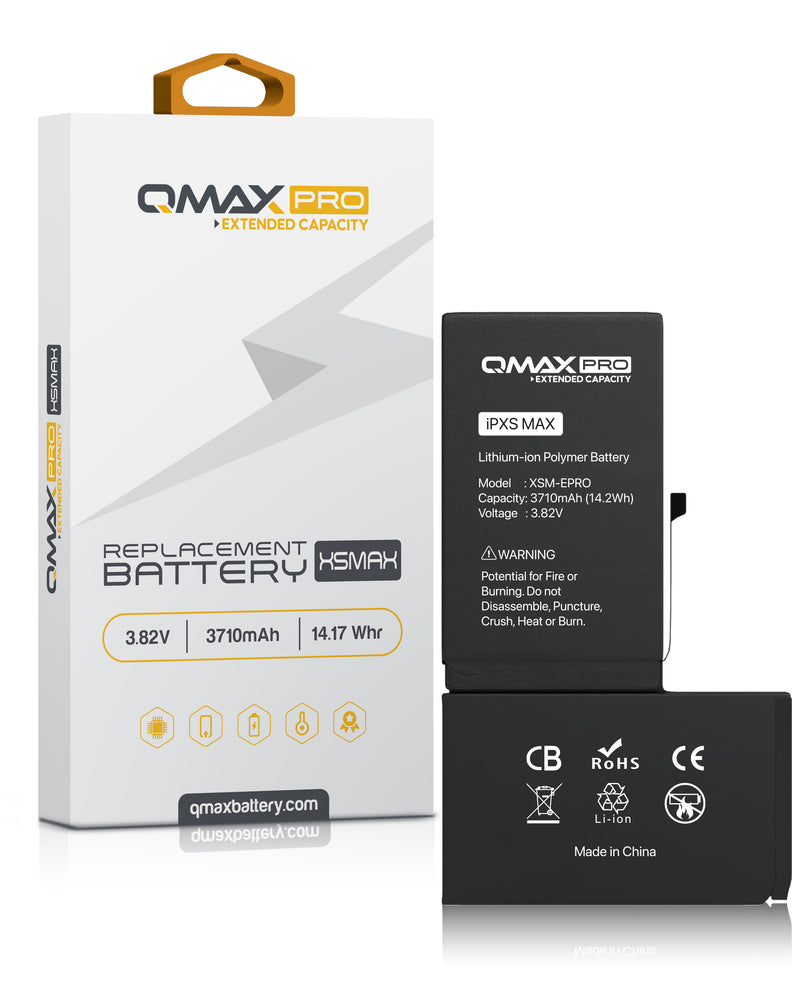 Batería de capacidad extendida QMAX Pro para iPhone XS Max disponible para compra al por mayor en talleres de reparaciones en Guatemala.