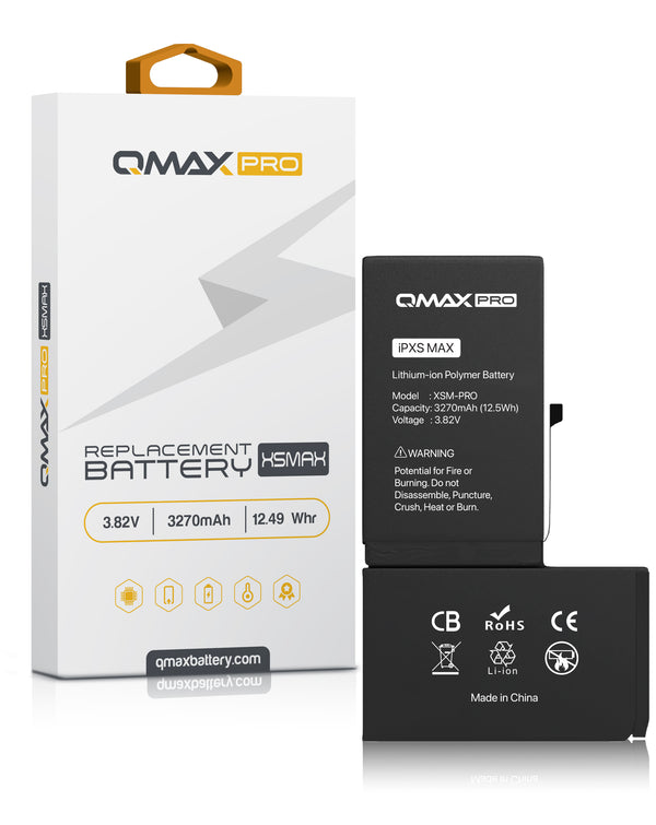 Encuentra la batería QMAX Pro de 3270 mAH para iPhone XS Max en Guatemala, ideal para reparaciones y ventas al por mayor.