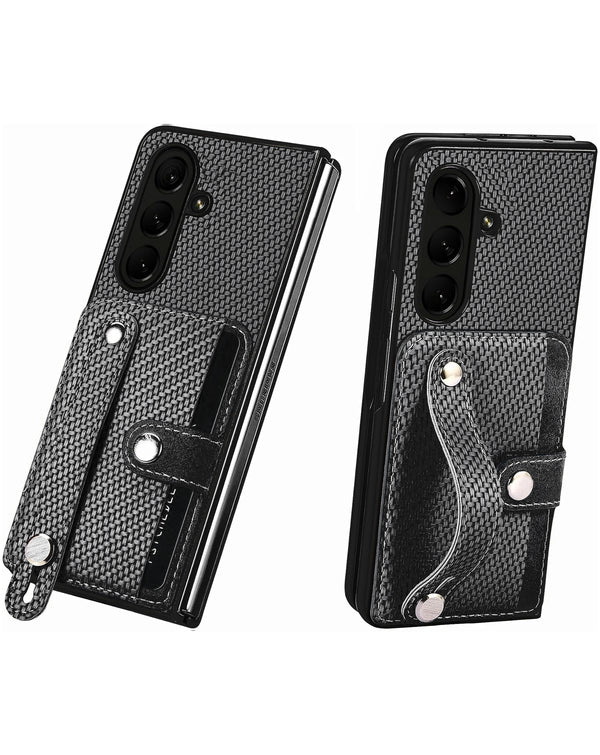 Funda Galaxy Z Fold 7 textura de fibra de carbono, ranura para tarjeta y soporte para correa de muneca - Negro