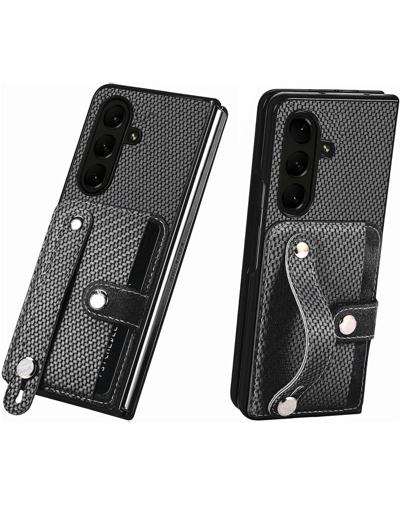 Funda Galaxy Z Fold 7 textura de fibra de carbono, ranura para tarjeta y soporte para correa de muneca - Negro