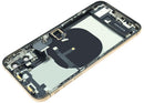 Tapa trasera dorada usada para iPhone XS (A1920, A2097, A2100) con puerto de carga y flex preinstalado.