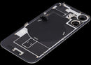 Tapa trasera Mist Blue usada para iPhone 17 con MagSafe, NFC y flex de linterna, lista para reparación.