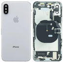 Tapa trasera plateada para iPhone XS (A1920, A2097) con puerto de carga y pequeños componentes preinstalados.