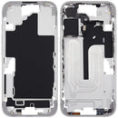 Marco medio blanco para iPhone 16 (A29xx) con botones de volumen y power, repuesto original para reparación.