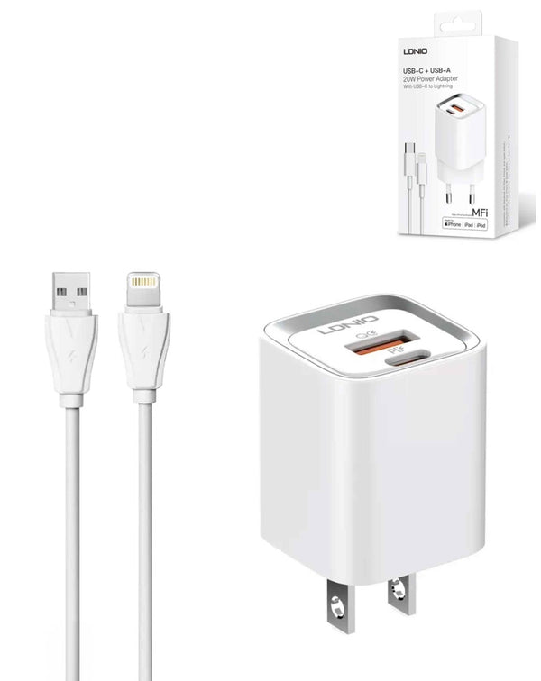 Cargador de pared LDNIO A2318M con cable USB C-Lightning MFI de 20W en Guatemala.