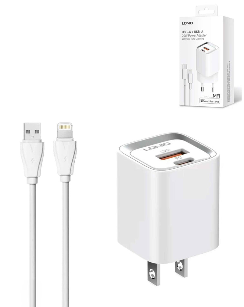 Cargador de pared LDNIO A2318M con cable USB C-Lightning MFI de 20W en Guatemala.