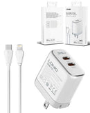 Compra un cargador de pared dual LDNIO con cable USB C-L MFI de 35W en Guatemala, ideal para cargar dos dispositivos al mismo tiempo de forma rápida y segura.