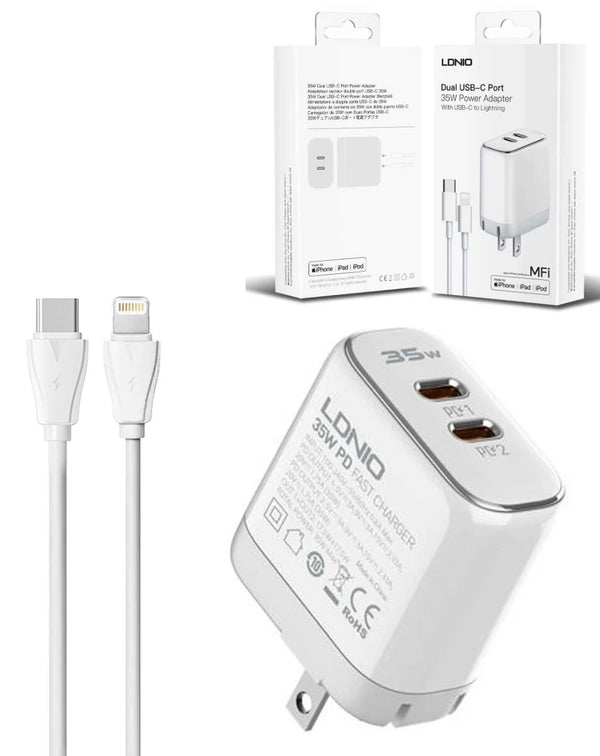 Compra un cargador de pared dual LDNIO con cable USB C-L MFI de 35W en Guatemala, ideal para cargar dos dispositivos al mismo tiempo de forma rápida y segura.
