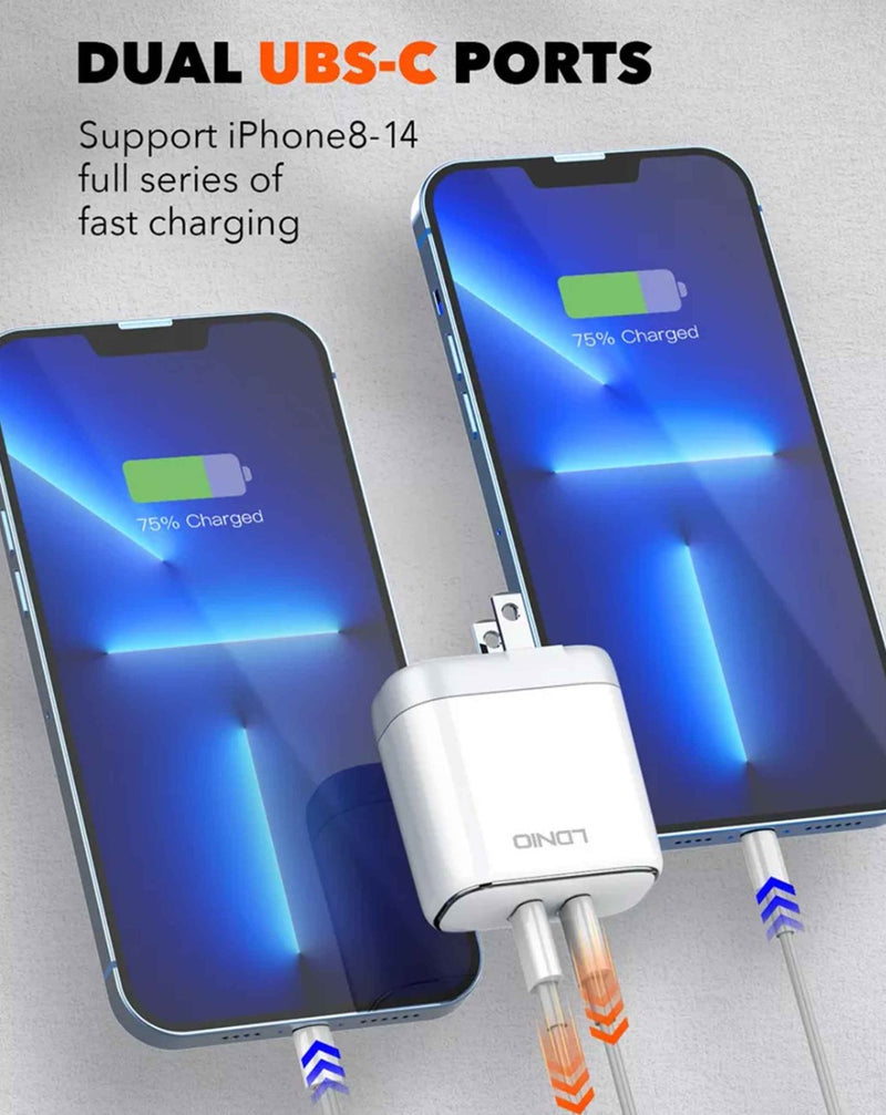 Compra un cargador de pared dual LDNIO con cable USB C-L MFI de 35W en Guatemala, ideal para cargar dos dispositivos al mismo tiempo de forma rápida y segura.