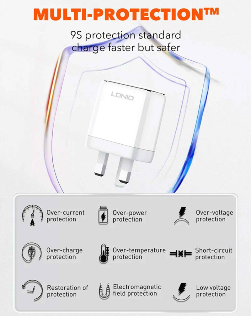 Compra un cargador de pared dual LDNIO con cable USB C-L MFI de 35W en Guatemala, ideal para cargar dos dispositivos al mismo tiempo de forma rápida y segura.