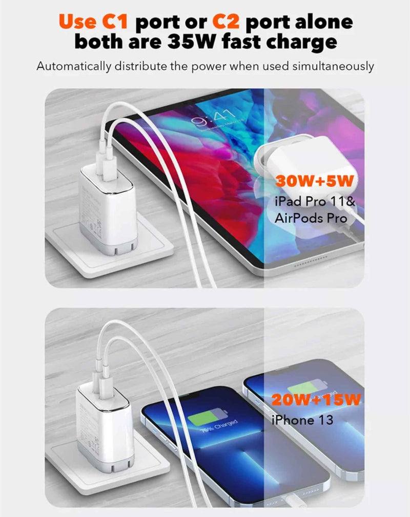 Compra un cargador de pared dual LDNIO con cable USB C-L MFI de 35W en Guatemala, ideal para cargar dos dispositivos al mismo tiempo de forma rápida y segura.