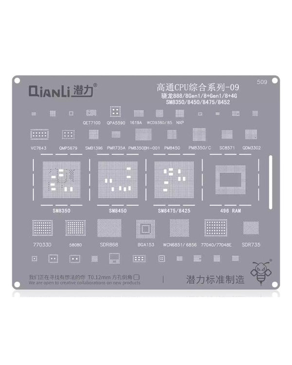 Stencil Bumblebee (QS509) para reparación de CPU Qualcomm Snapdragon 888 en Guatemala.