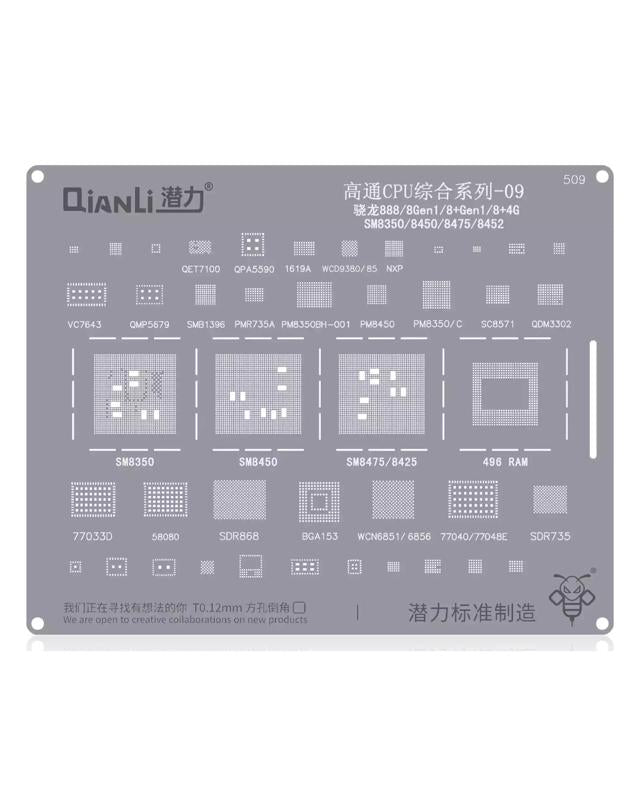 Stencil Bumblebee (QS509) para reparación de CPU Qualcomm Snapdragon 888 en Guatemala.