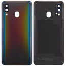 Tapa trasera negra para Samsung Galaxy A40 (A405) con lente de cámara, repuesto Aftermarket Plus para reparación.