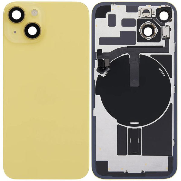 Reparación de tapa trasera con placa de acero, carga inalámbrica y flex de linterna para iPhone 14 en Guatemala.