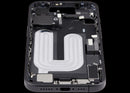 Mid-frame housing negro para iPhone 17 con puerto de carga flex, chasis y piezas pequeñas.