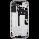 Marco medio blanco para iPhone 16 (A29xx) con botones de volumen y power, repuesto original para reparación.