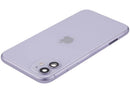 Tapa trasera morada usada para iPhone 11 (A2111) con puerto de carga flex y pequeñas piezas, ideal para reparación.