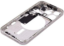 Encuentra la carcasa central con botones de encendido y volumen para iPhone 15 Pro en Guatemala, disponible en versión EE. UU., grado B, color blanco titanio, ideal para reparaciones y reemplazos.