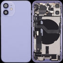 Tapa trasera morada usada para iPhone 12 Mini con puerto de carga y pequeñas piezas de repuesto.