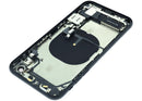 Tapa trasera negra OEM para iPhone XR (A1984, A2105) con puerto de carga y componentes preinstalados.