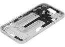 Marco medio blanco para iPhone 16 (A29xx) con botones de volumen y power, repuesto original para reparación.