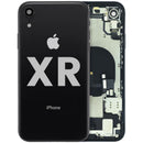 Tapa trasera negra OEM para iPhone XR (A1984, A2105) con puerto de carga y componentes preinstalados.