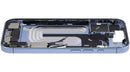 Chasis medio Mist Blue usado para iPhone 17 (A3292, A3293) con flex y puerto de carga.