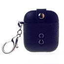 Funda rígida de cuero azul oscuro para AirPods 1/2 con gancho metálico, protección elegante y segura.