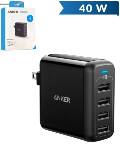 ANKER - Powerport 4 Cargador de Pared para M‚àö‚à´ltiples Dispositivos 40W USB-A 4X - NEGRO
