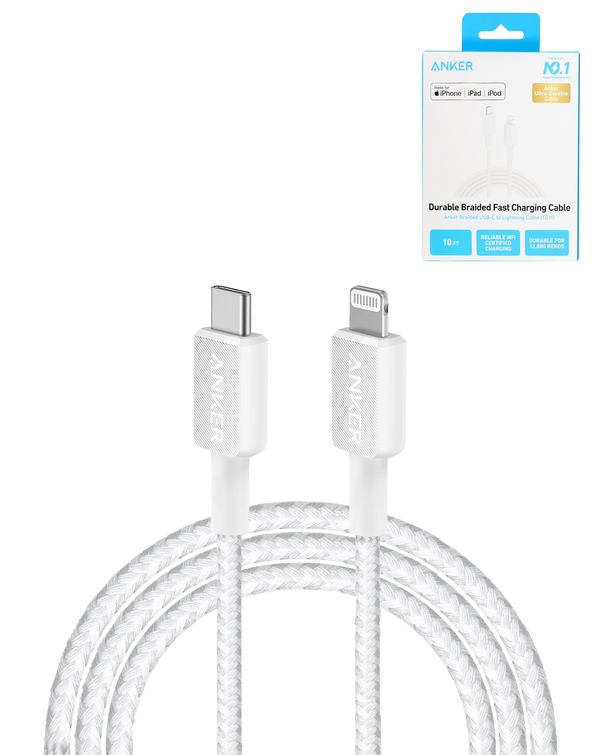 Encuentra en Guatemala el cable trenzado Anker 322 USB-C a Lightning en color blanco para reparaciones de puerto de carga.