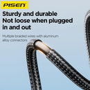 Cable trenzado PISEN PRO-Mars 3 en 1 negro de aluminio, USB a Lightning, Type-C y Micro USB, 4ft, 100W, carga rápida.